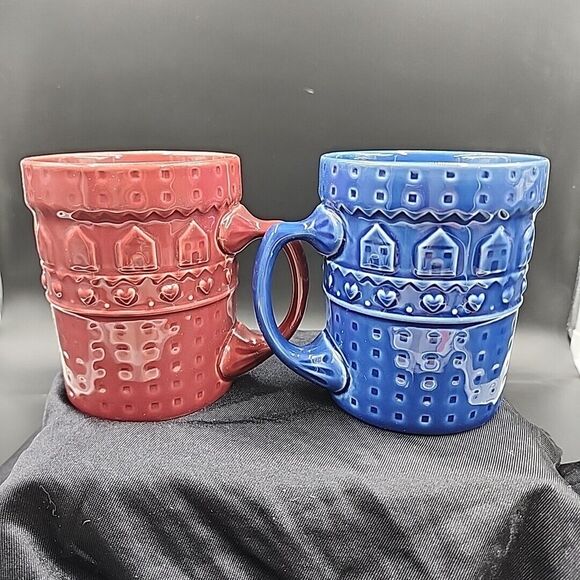 At Home International Heart House mugs Set of 2 Cranberry & Cobalt Blue 12-14 oz - Picture 3 of 9